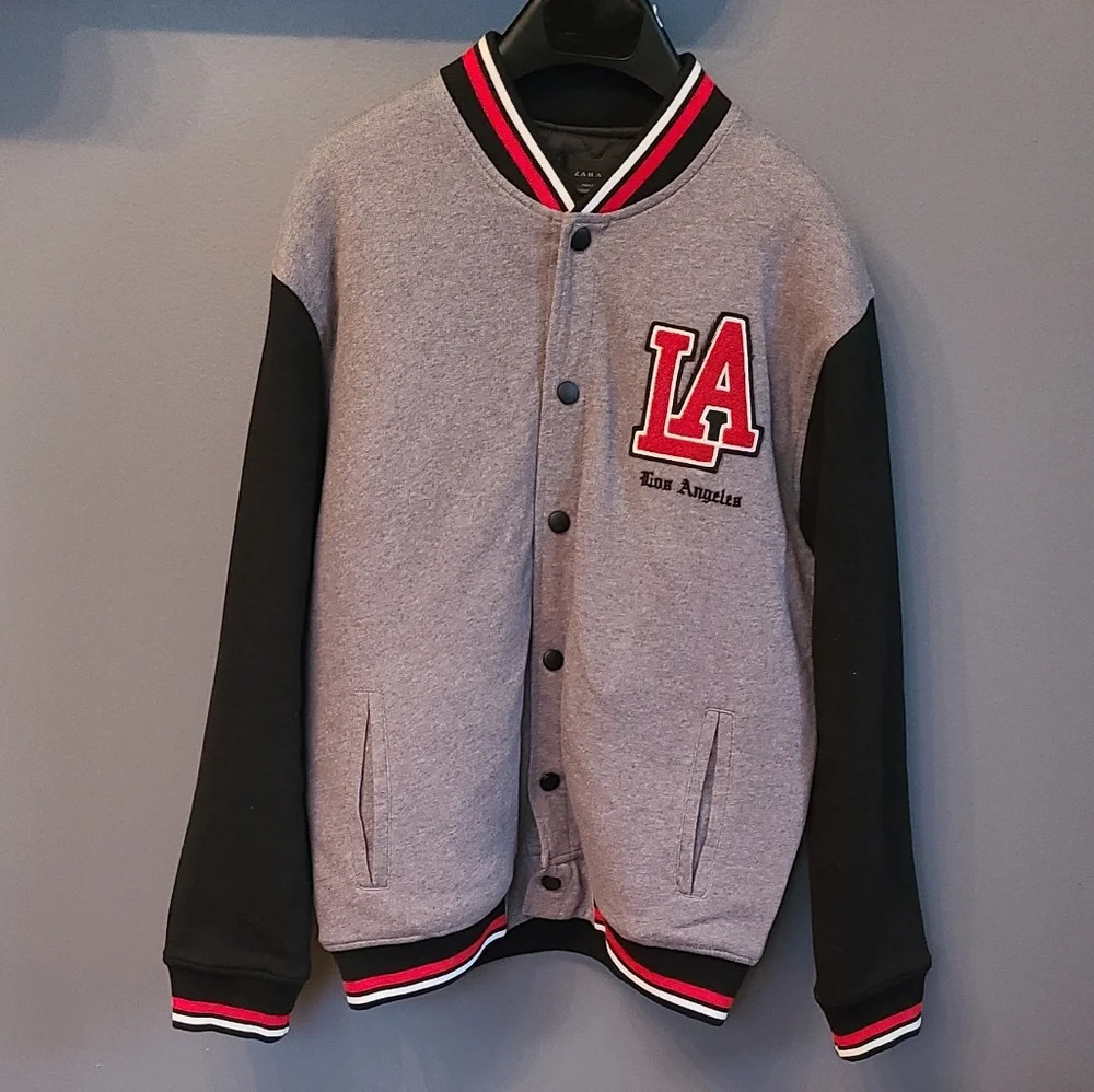 Zara Mens Varsity Bomber Jacket Mens Size Large gray/black